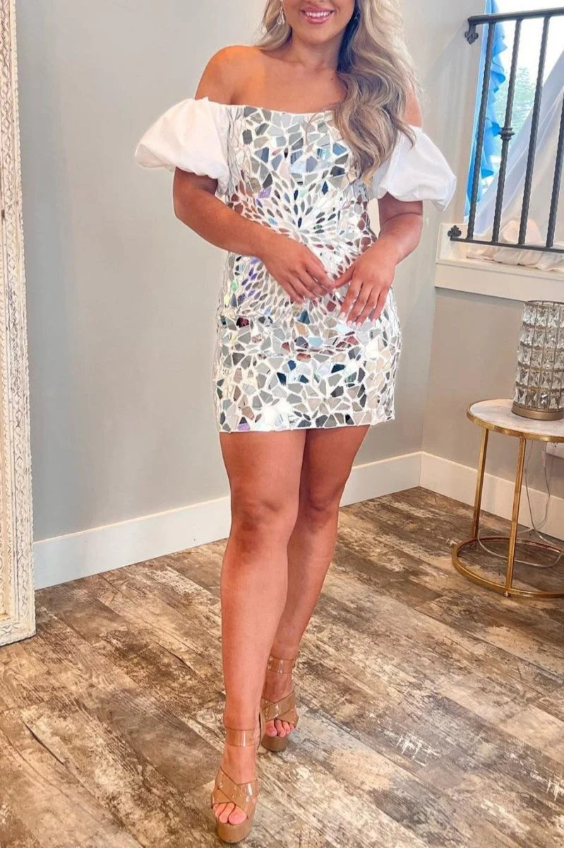 Cindy | Black Cut Glass Mirror Off-the-Shoulder Short Party Dress