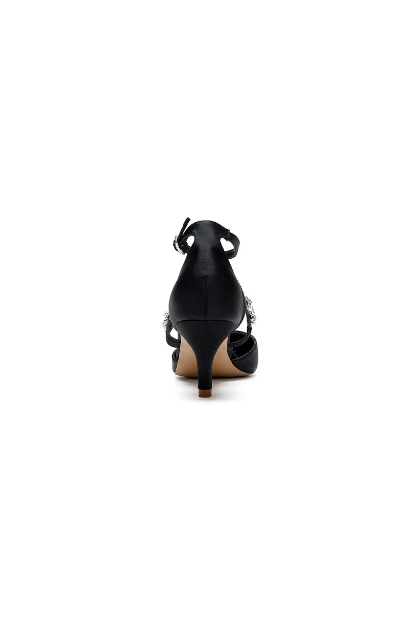 Crystal Strap Pointed Toe Satin Kitten Heels