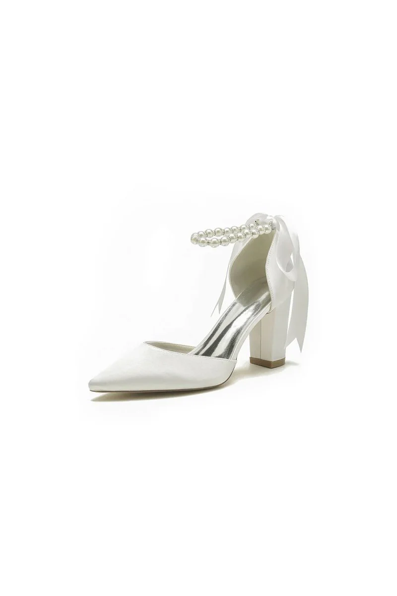 Pearl Ribbon Pointed Toe Ankle Strap Chunky Heel