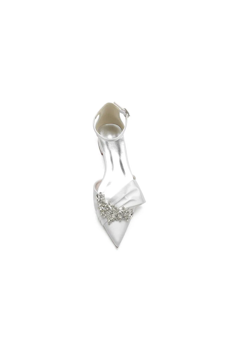 Satin Beaded Pointed Toe Ankle Strap Buckle Kitten Heels