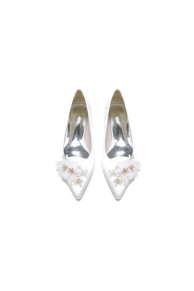 Satin Champagne Flats with Delicate Flower Embellishments