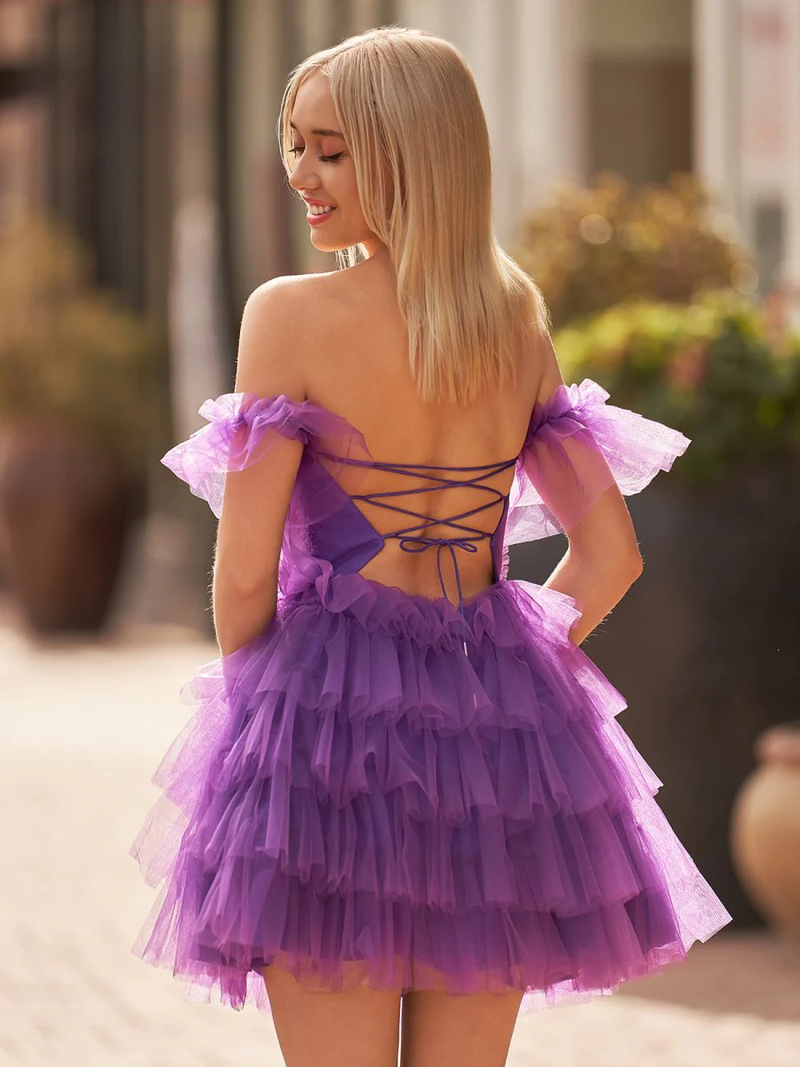 Genevra | Lavender Off-the-Shoulder Lace-Up Ruffle Tiered Homecoming Dress