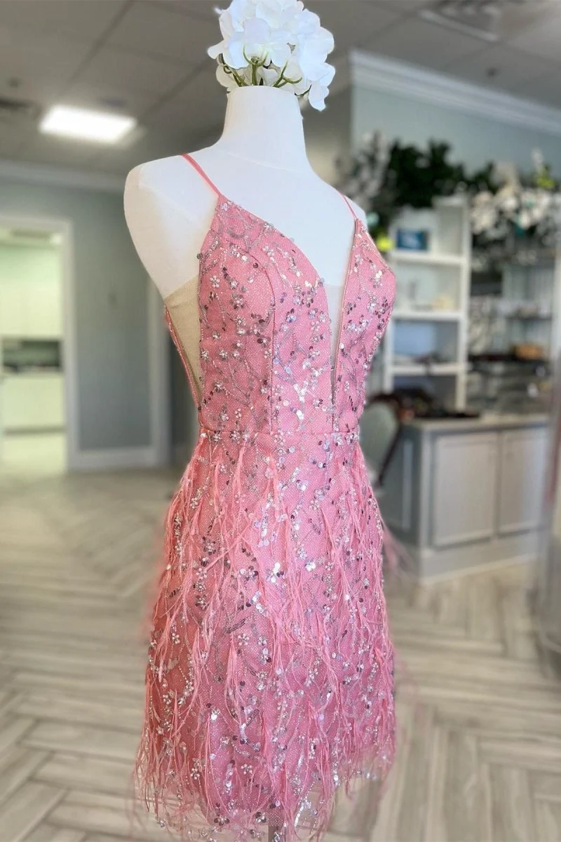 Romilly | Pink Tulle Sequin Plunge V Short Cocktail Dress with Feathers