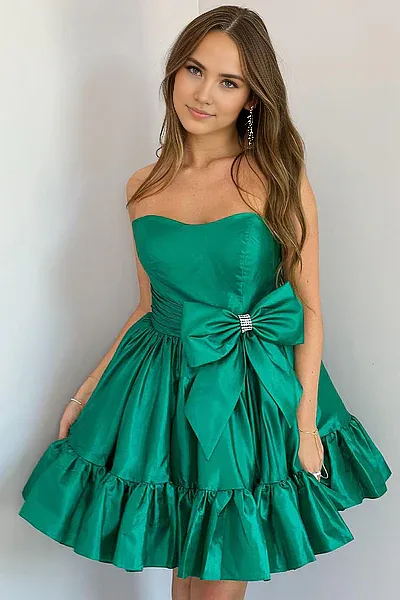 Hinako | Pink Strapless Ruffle Homecoming Dress with Bow
