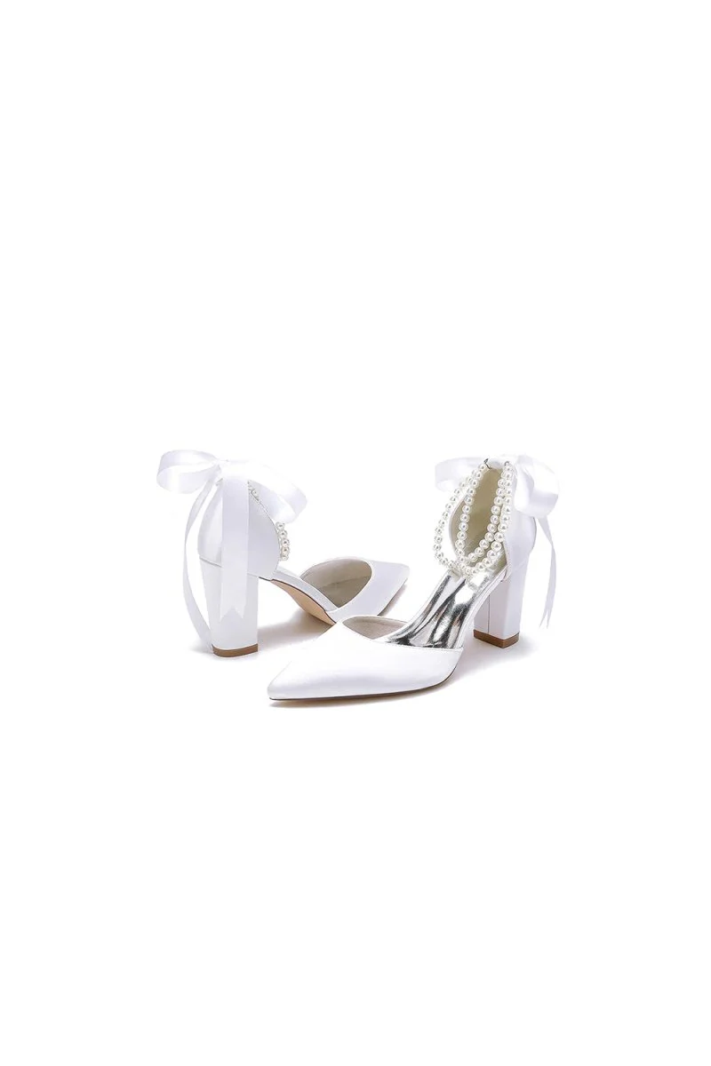 Pointed Toe Pearl Ribbon Ankle Strap Chunky Heel