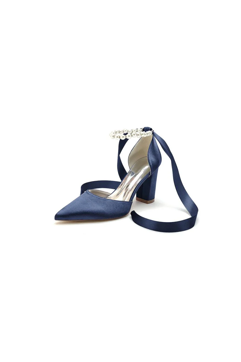 Pearl Ribbon Pointed Toe Ankle Strap Chunky Heel