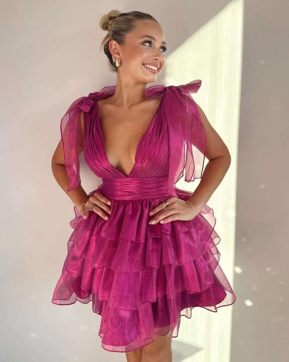 Joleen | Trendy A-Line Tiered Homecoming Dress with Bow