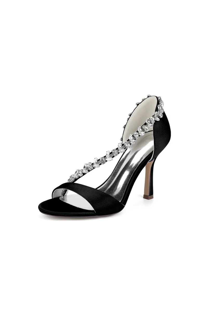 White Satin High Heels with Crystal and Chain Embellishments