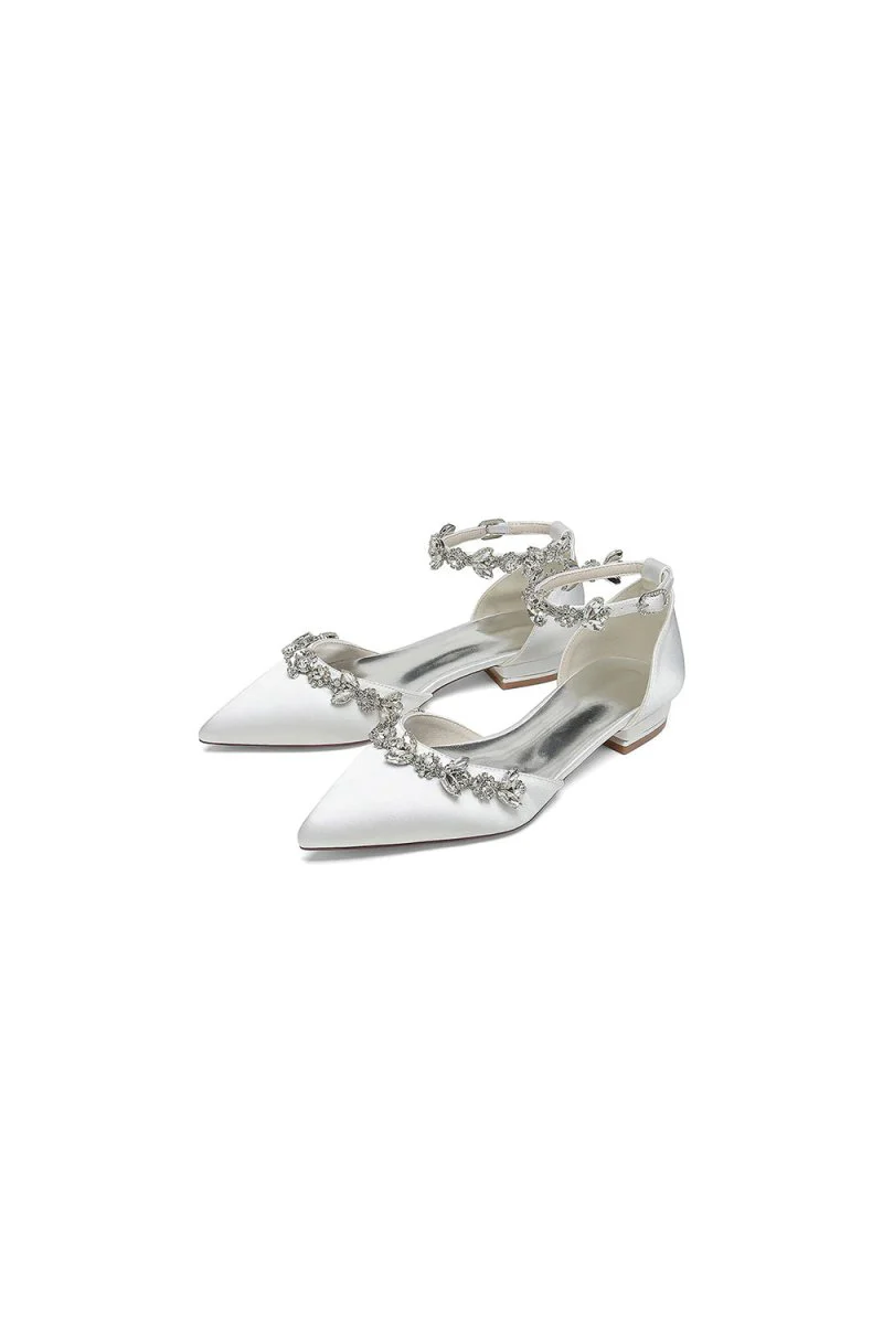 Pointed Toe Rhinestone Beaded Ankle Strap Kitten Heels