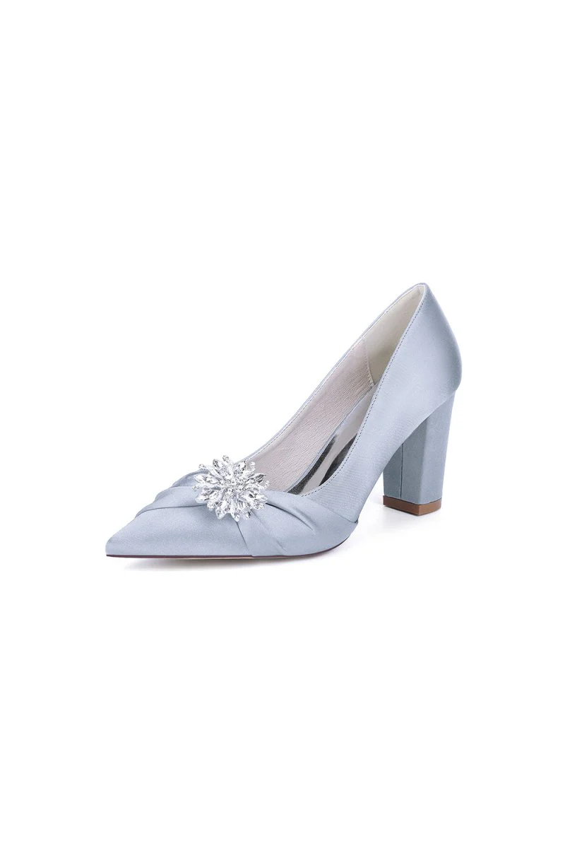 Black Satin High Heels with a Crystal Flower Accent