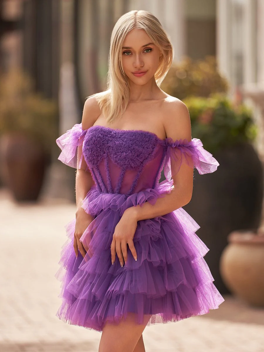 Genevra | Lavender Off-the-Shoulder Lace-Up Ruffle Tiered Homecoming Dress