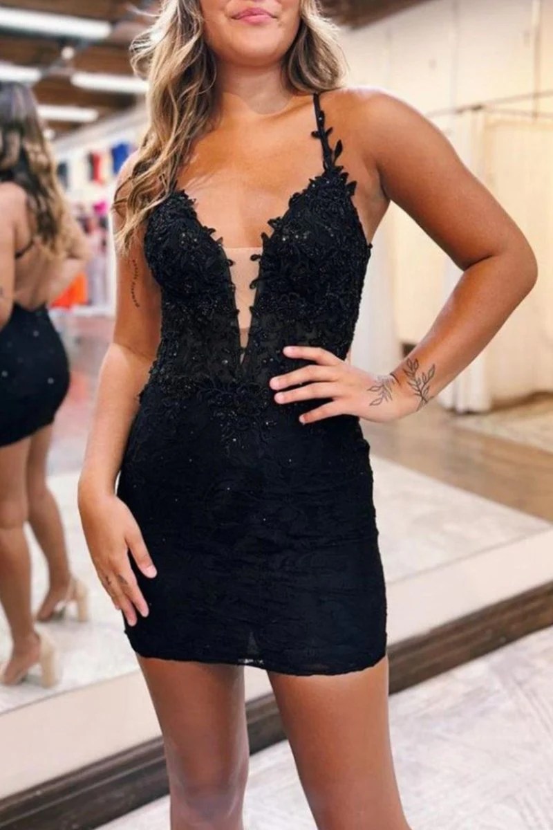 Black Spaghetti Straps Cross Back Beading Short Homecoming Dress