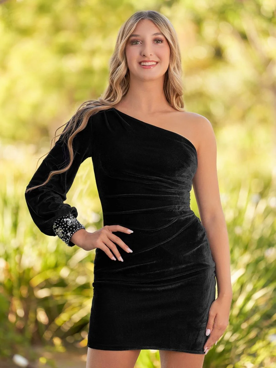 Opal | Navy Blue Sheath One-Shoulder Long Sleeve Homecoming Dress