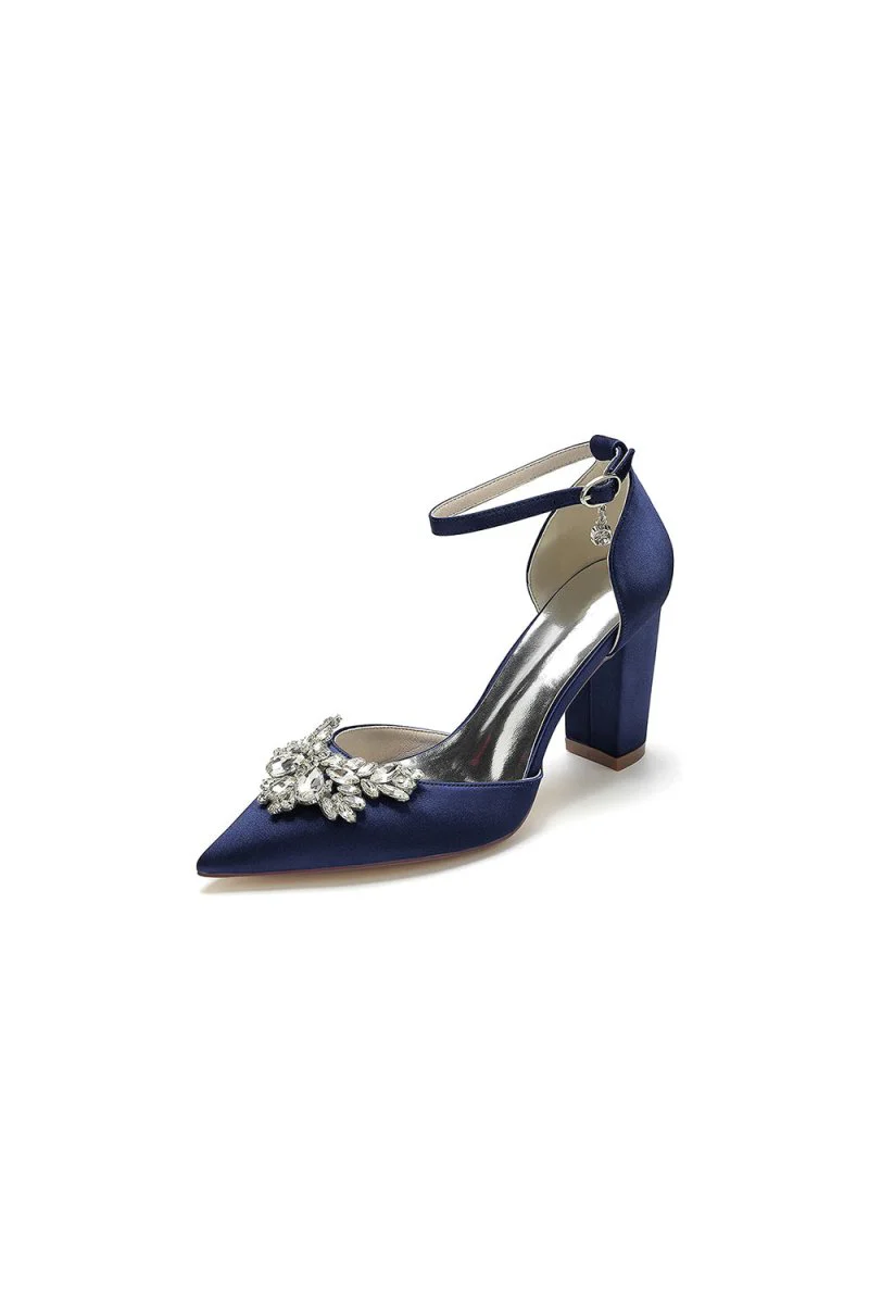 Rhinestone Pointed Toe Ankle Strap Satin Chunky Heel