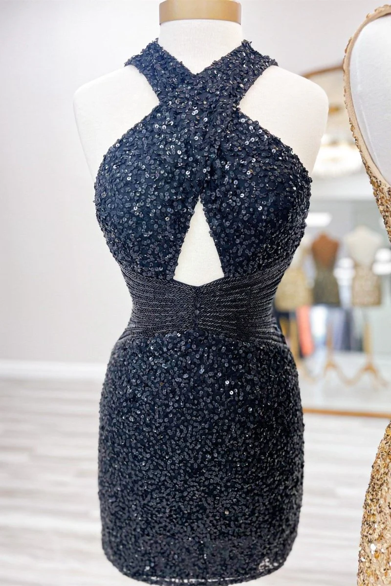 Green Sequin Cross-Front Short Cocktail Dress