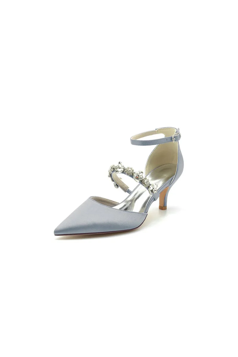 Crystal Strap Pointed Toe Satin Kitten Heels
