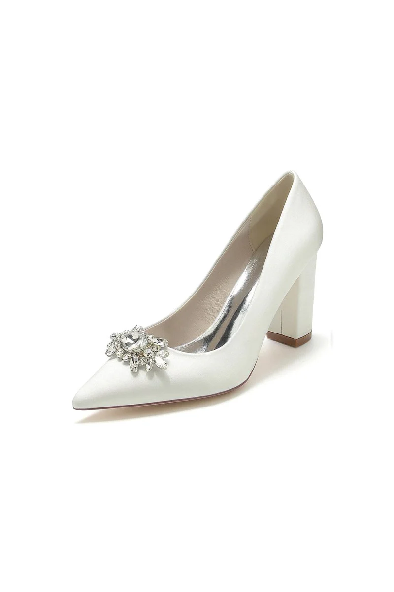 Pointed Toe Chunky Heels with Rhinestone