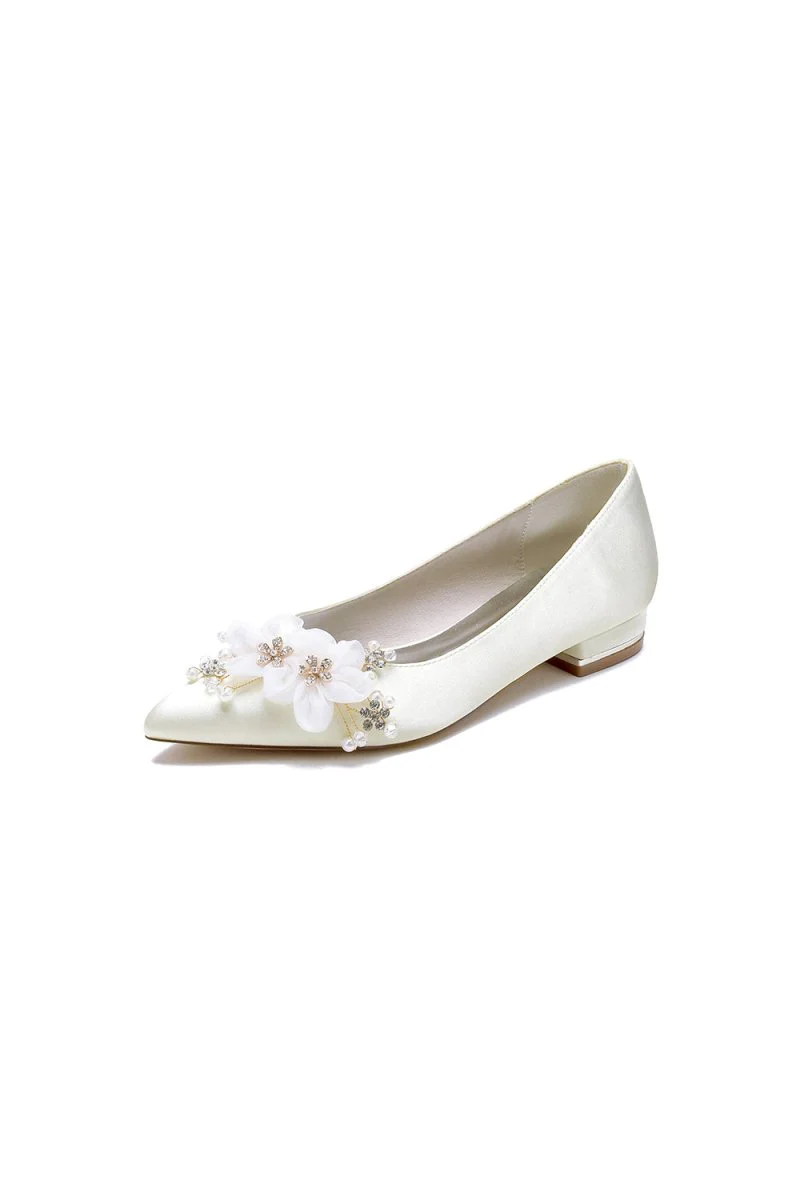 Satin Champagne Flats with Delicate Flower Embellishments