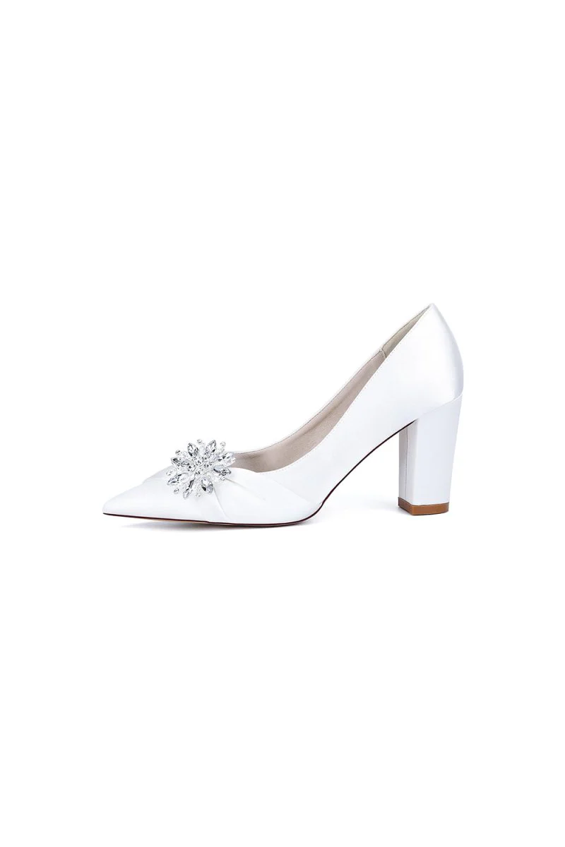 Black Satin High Heels with a Crystal Flower Accent