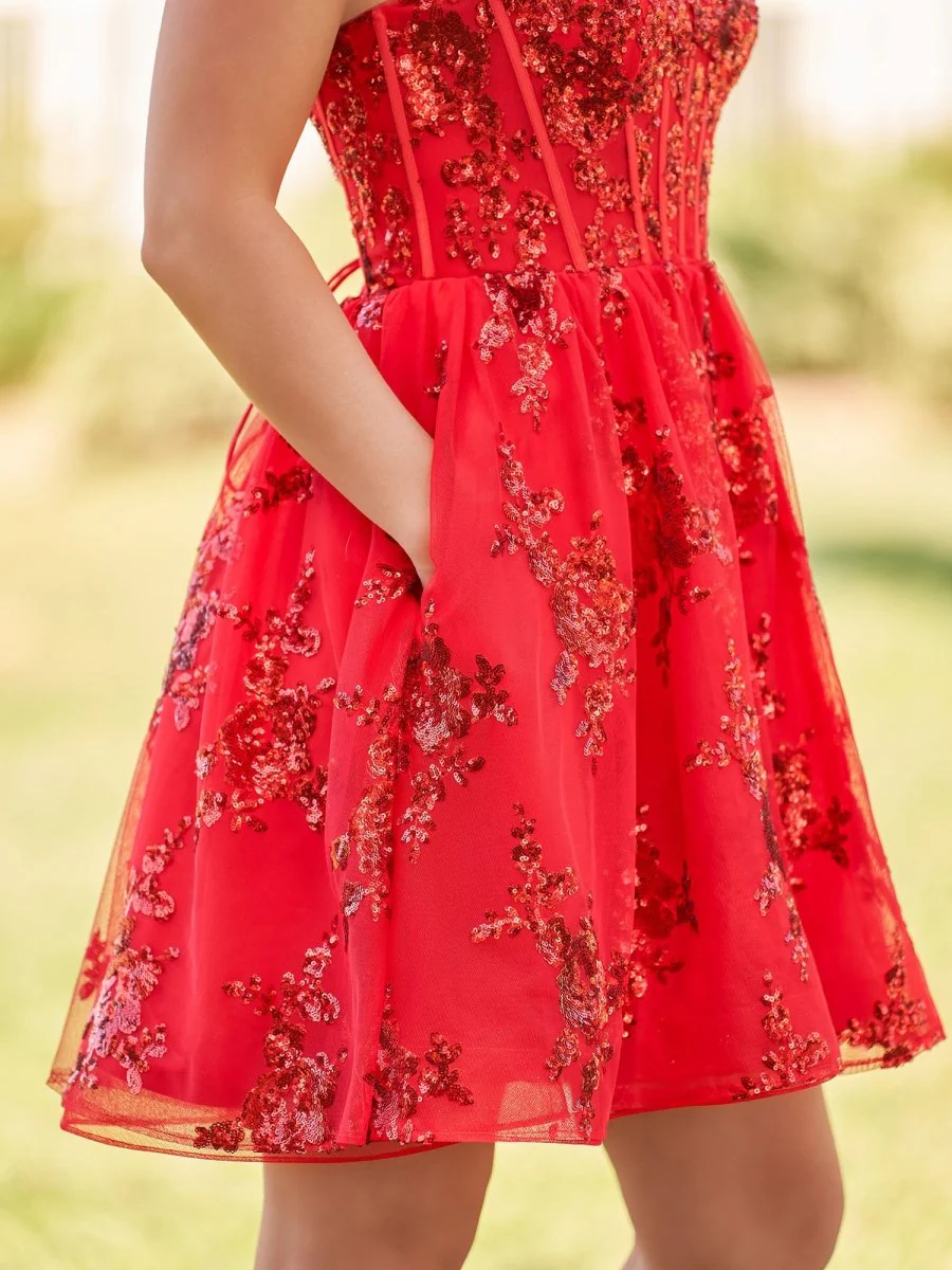 Ivette | A-Line Red Short Homecoming Dress with Sequins