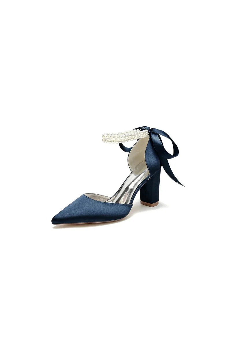Pointed Toe Pearl Ribbon Ankle Strap Chunky Heel