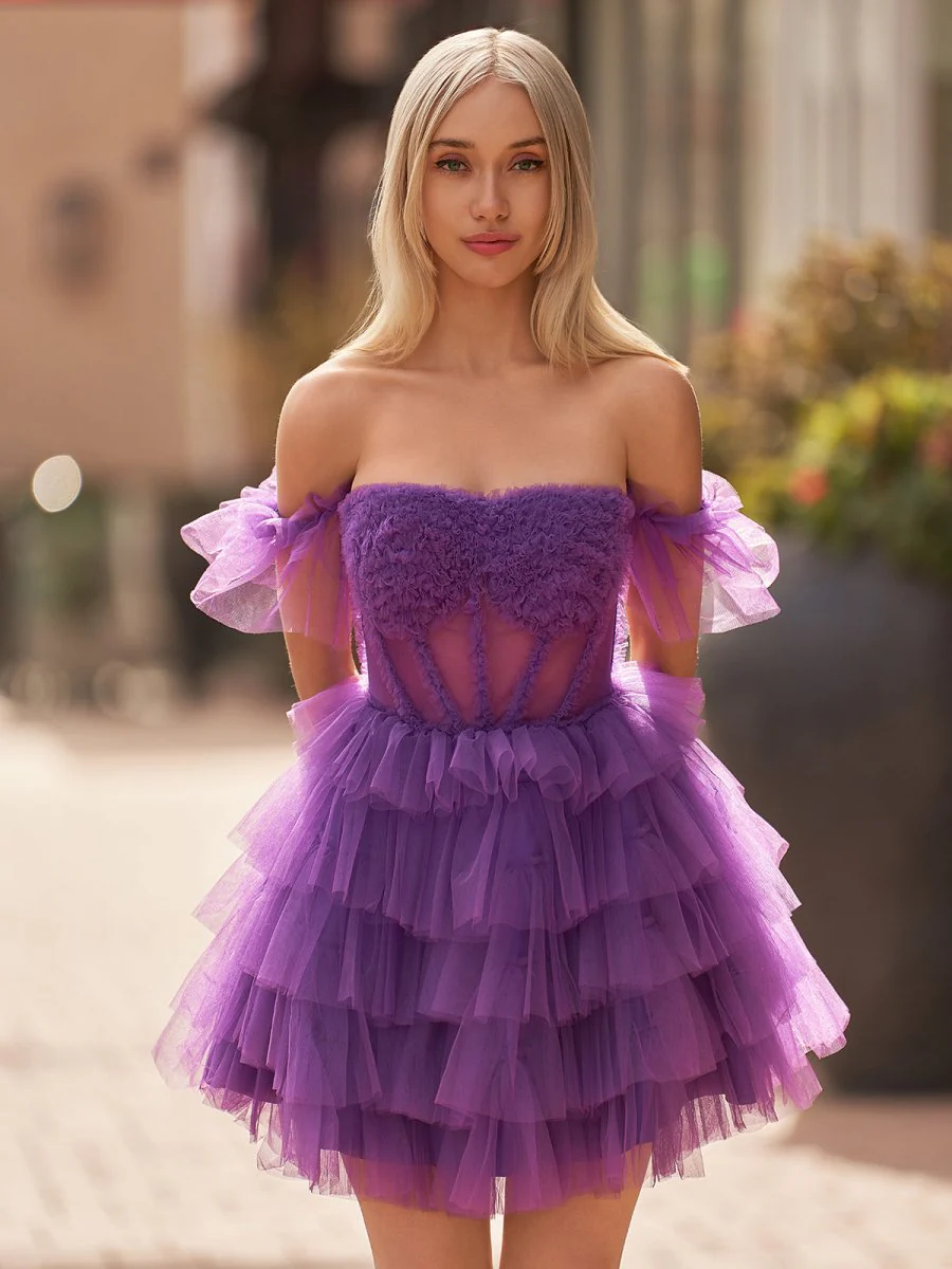 Genevra | Lavender Off-the-Shoulder Lace-Up Ruffle Tiered Homecoming Dress