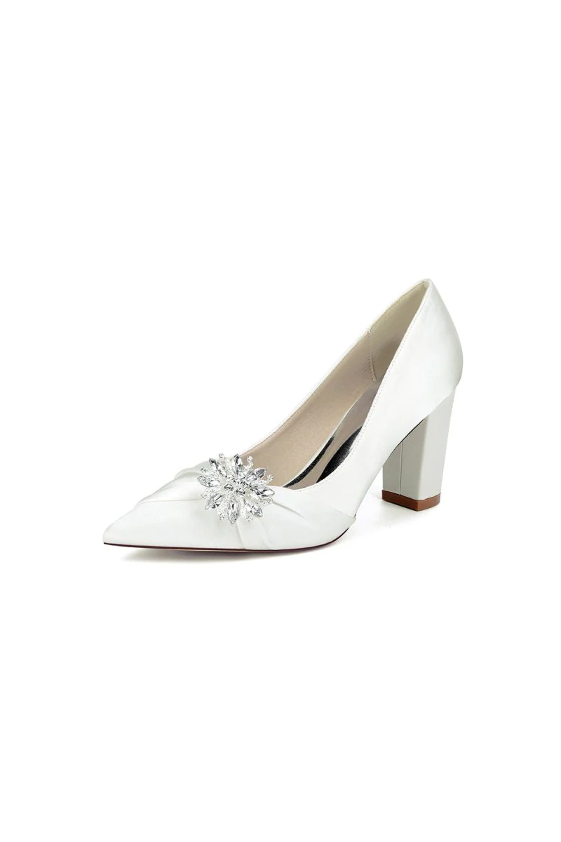 Black Satin High Heels with a Crystal Flower Accent