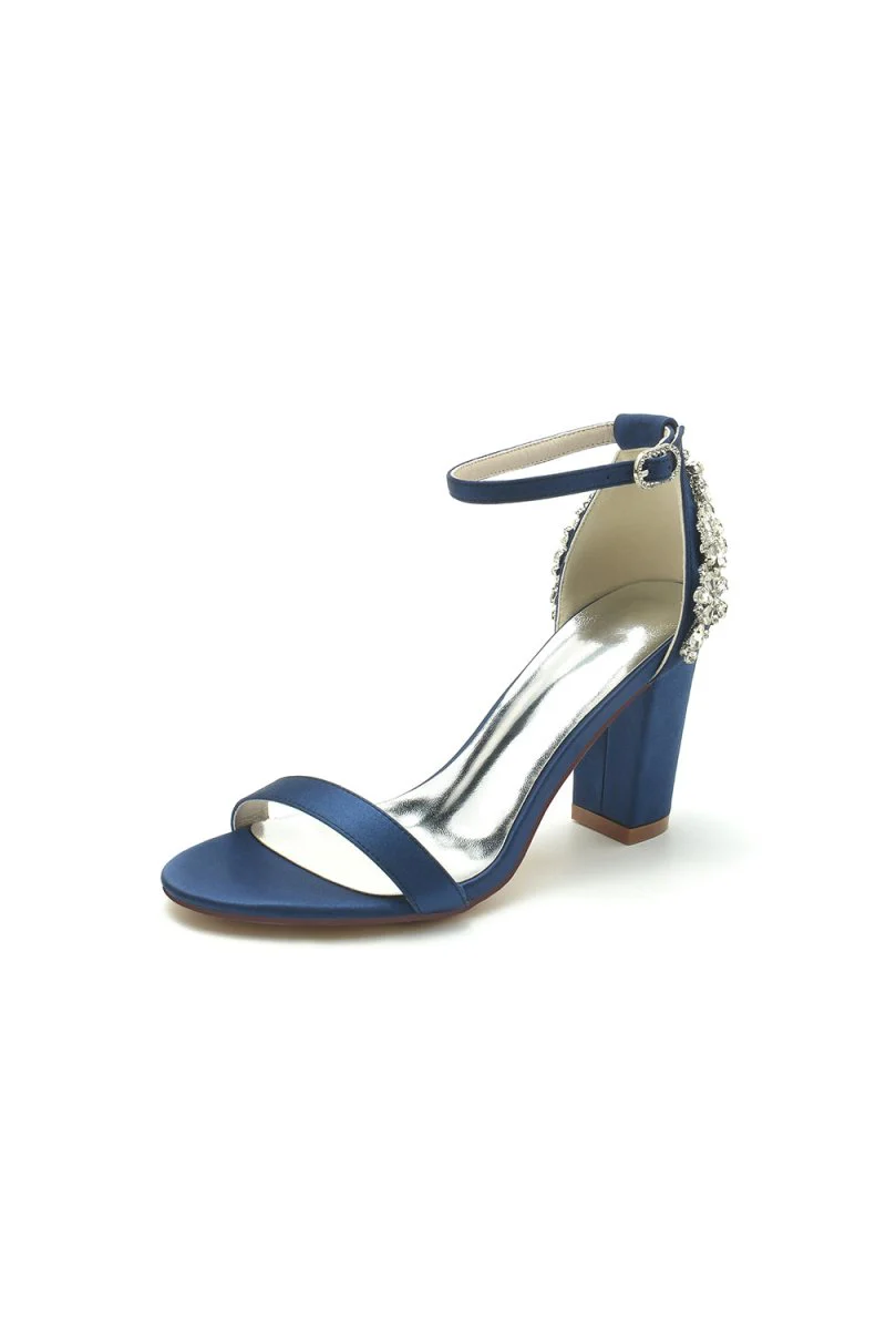 Satin Chunky Heels with Rhinestone