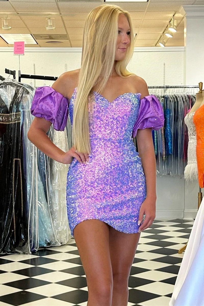 Purple Sequin Strapless Short Dress with Detachable Sleeves