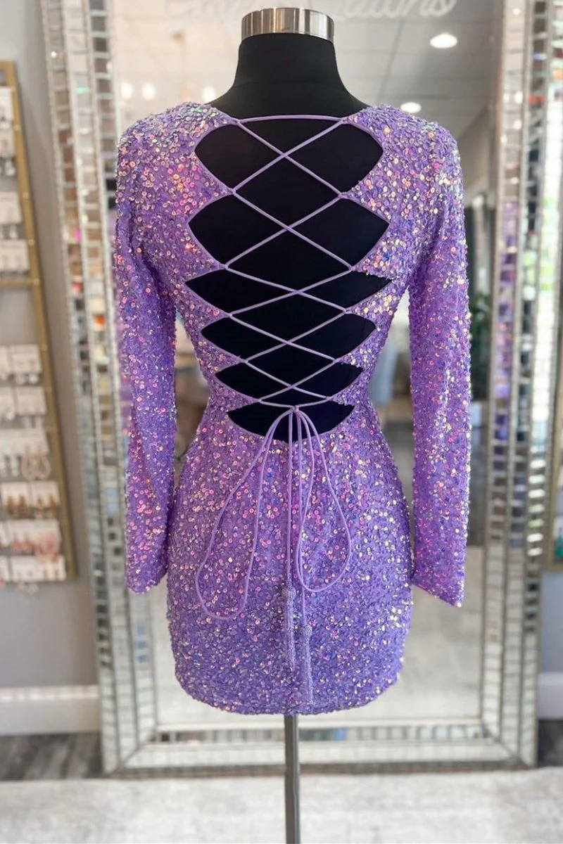 Sabine | Purple Sequin Lace-Up Short Party Dress with Long Sleeves