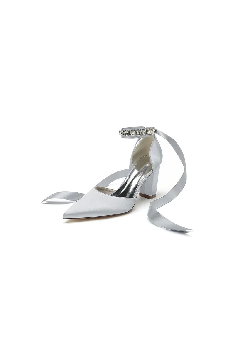 Rhinestone Ribbon Pointed Toe Ankle Strap Chunky Heel