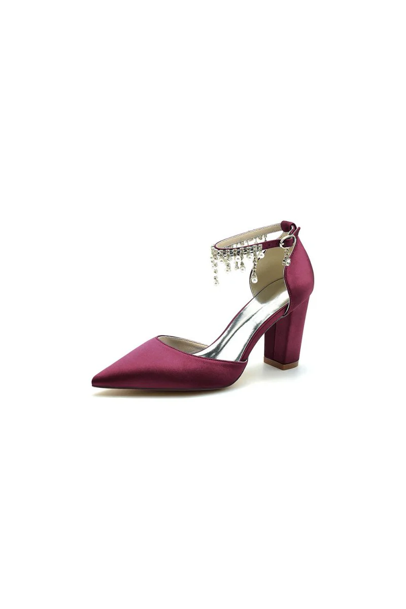 Pearl Beaded Pointed Toe Ankle Strap Chunky Heel