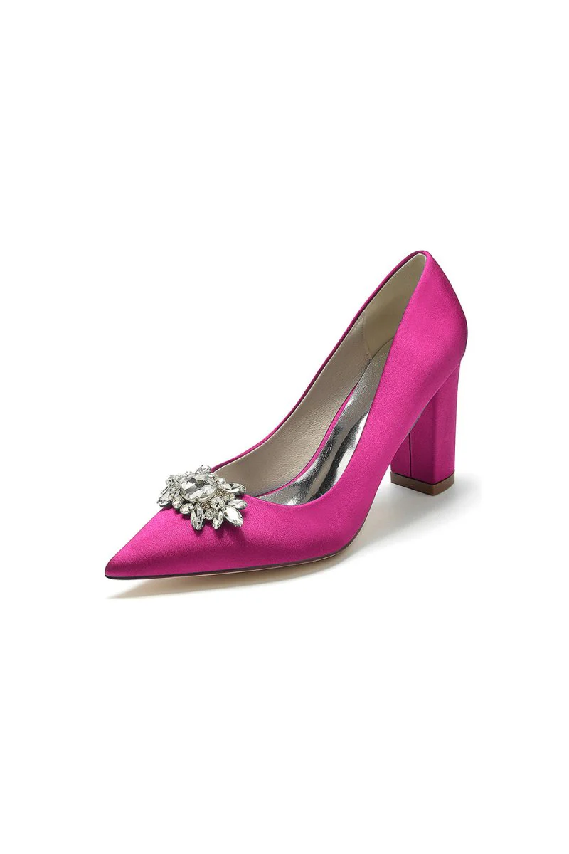 Pointed Toe Chunky Heels with Rhinestone