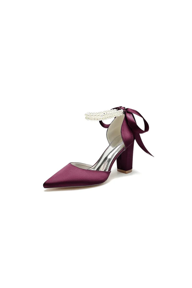 Pointed Toe Pearl Ribbon Ankle Strap Chunky Heel