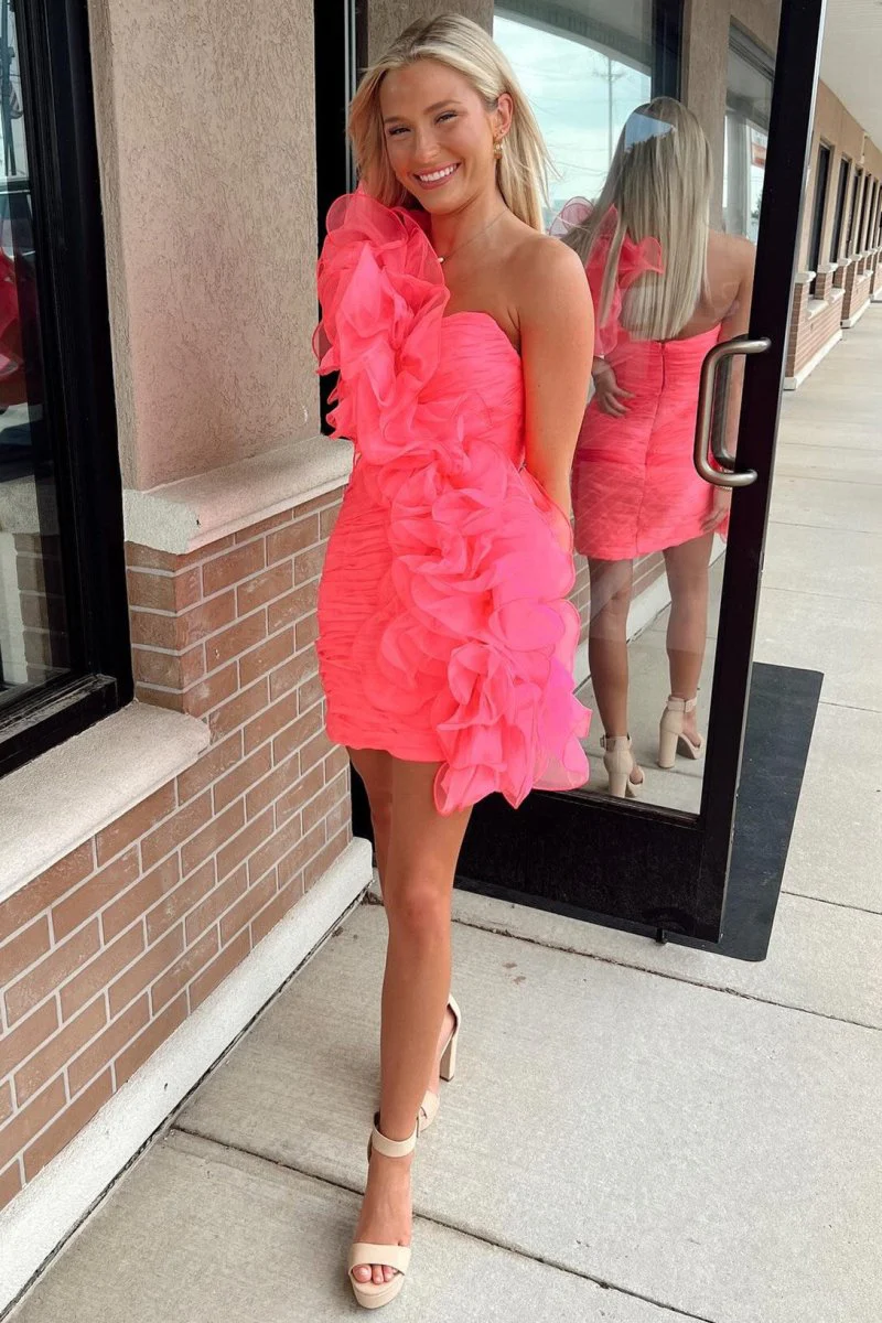 Hot Pink One-Shoulder Ruffle Short Homecoming Dress