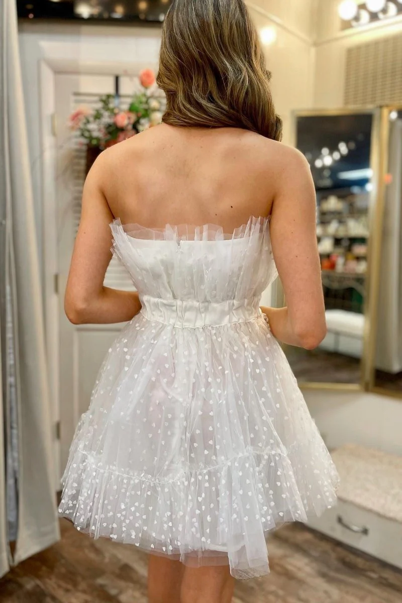 A-Line White Polka Dot Strapless Ruffle Short Homecoming Dress