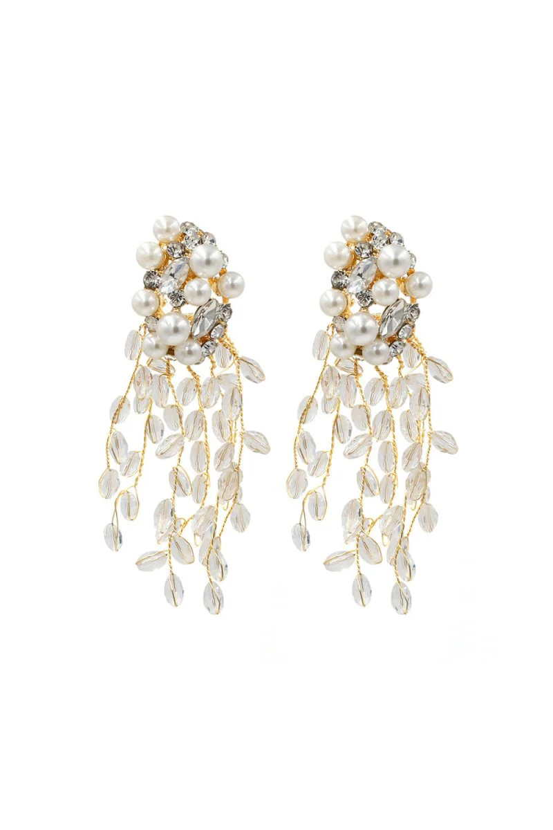Pearl Dangle Earrings Crystal Gold Floral Hoop