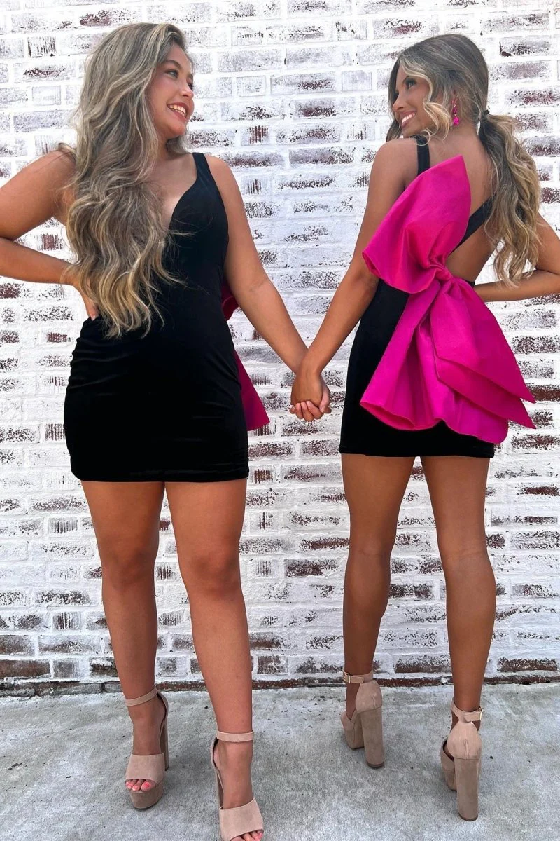 Blocca | Black Plunge V Bow Back Bodycon Mini Party Dress