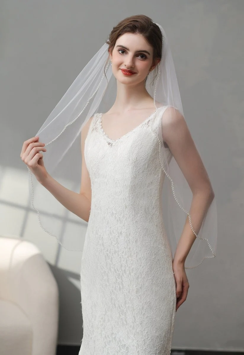 Vintage Pearls Ivory With Beaded Scalloped Bridal Veil Wedding Veil