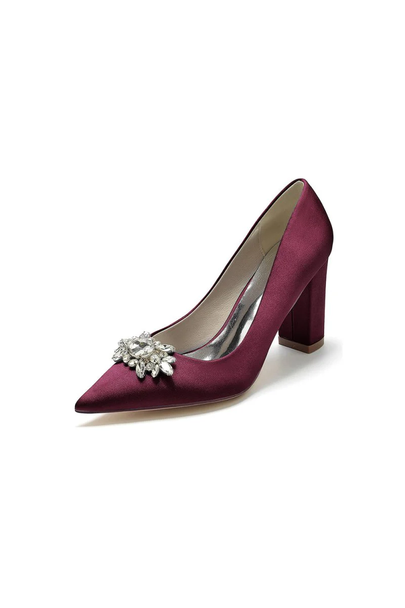 Pointed Toe Chunky Heels with Rhinestone
