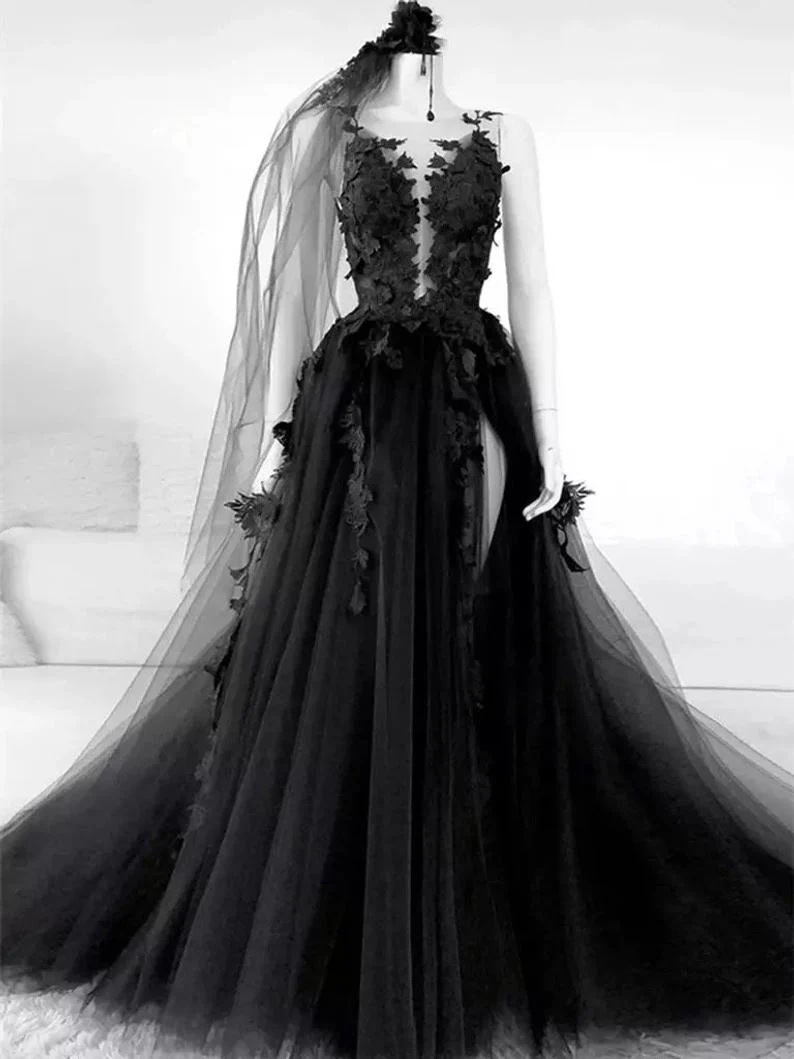Sexy Black Lace Appliques Sleeveless Tulle Backless Wedding Dresses with Veil