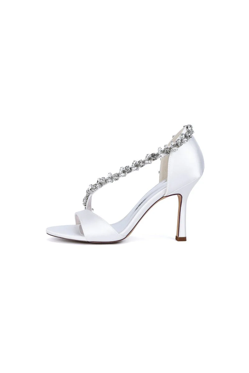 White Satin High Heels with Crystal and Chain Embellishments
