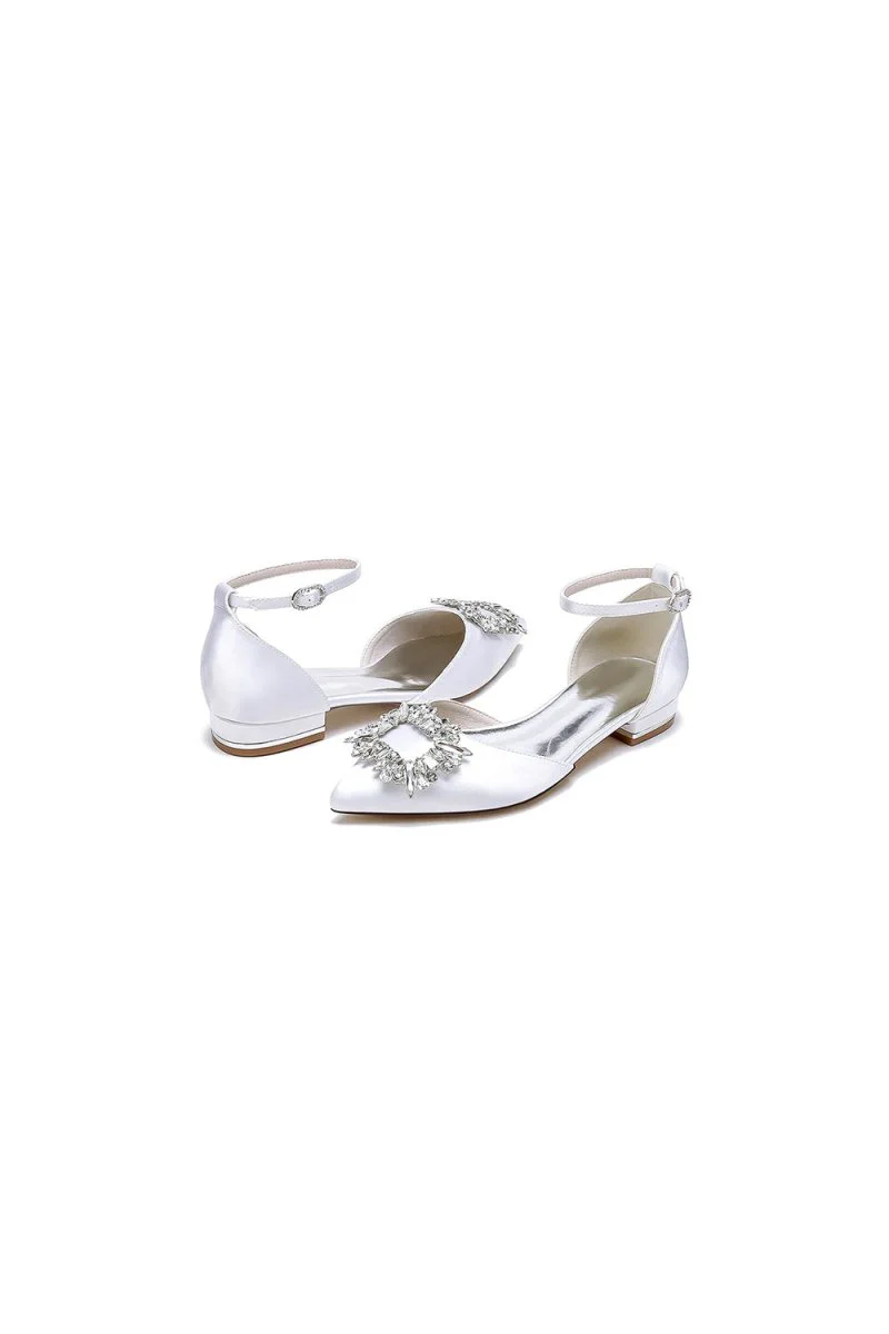 Rhinestone Pointed Toe Ankle Strap Satin Kitten Heels