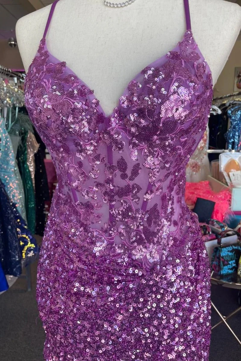 Othello | Sparkle Appliques Sequin Bodycon Lilac Homecoming Lace-up Dress