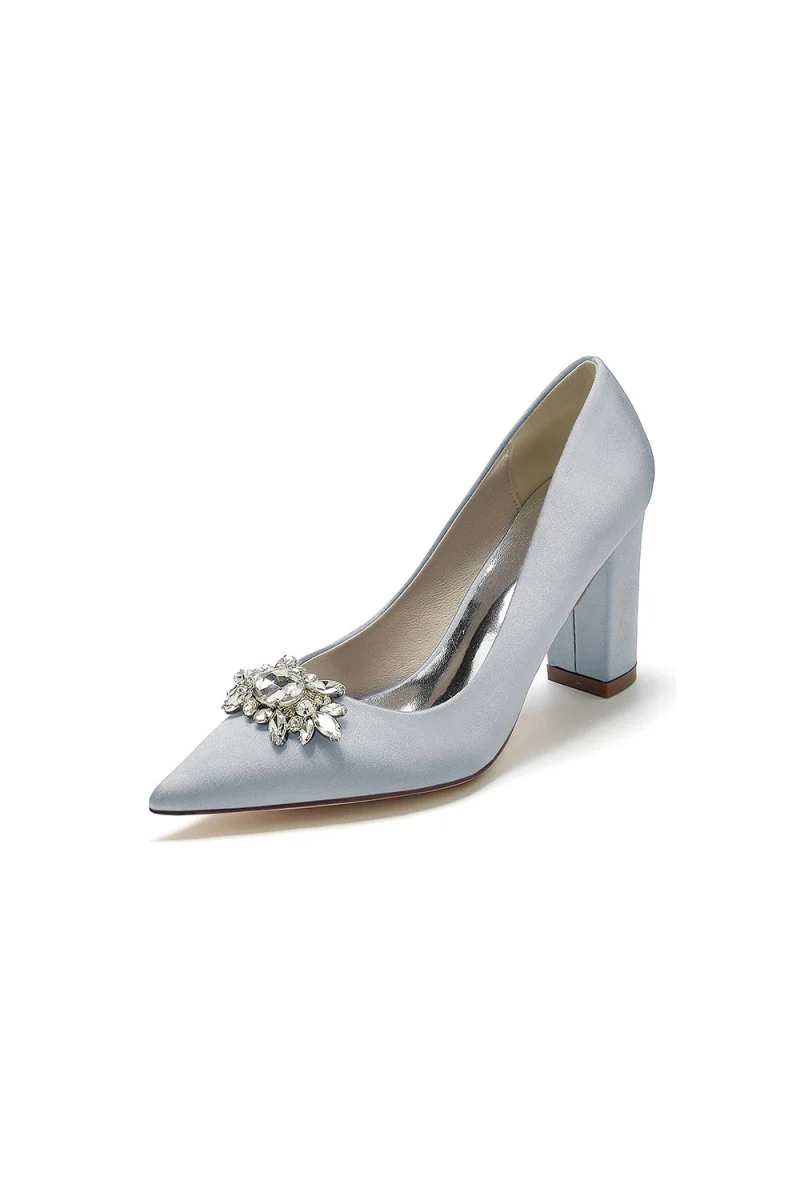 Pointed Toe Chunky Heels with Rhinestone