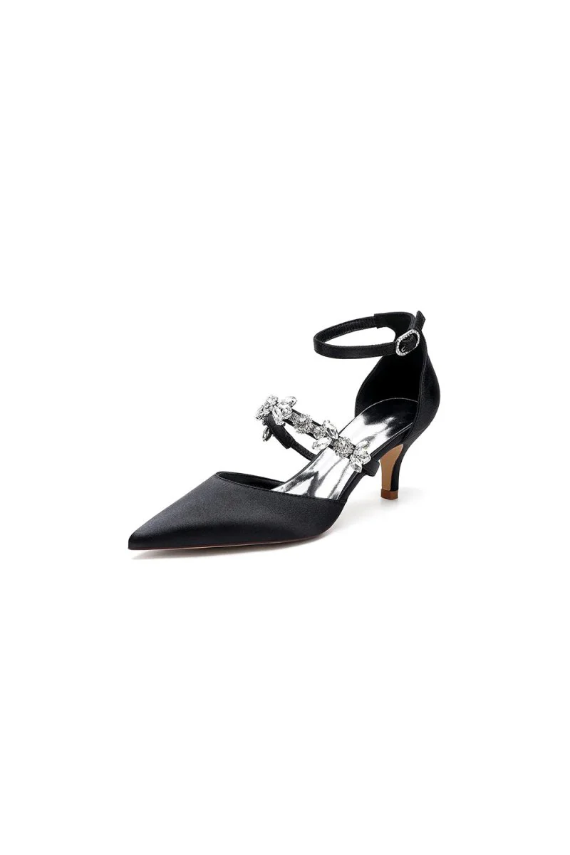 Crystal Strap Pointed Toe Satin Kitten Heels