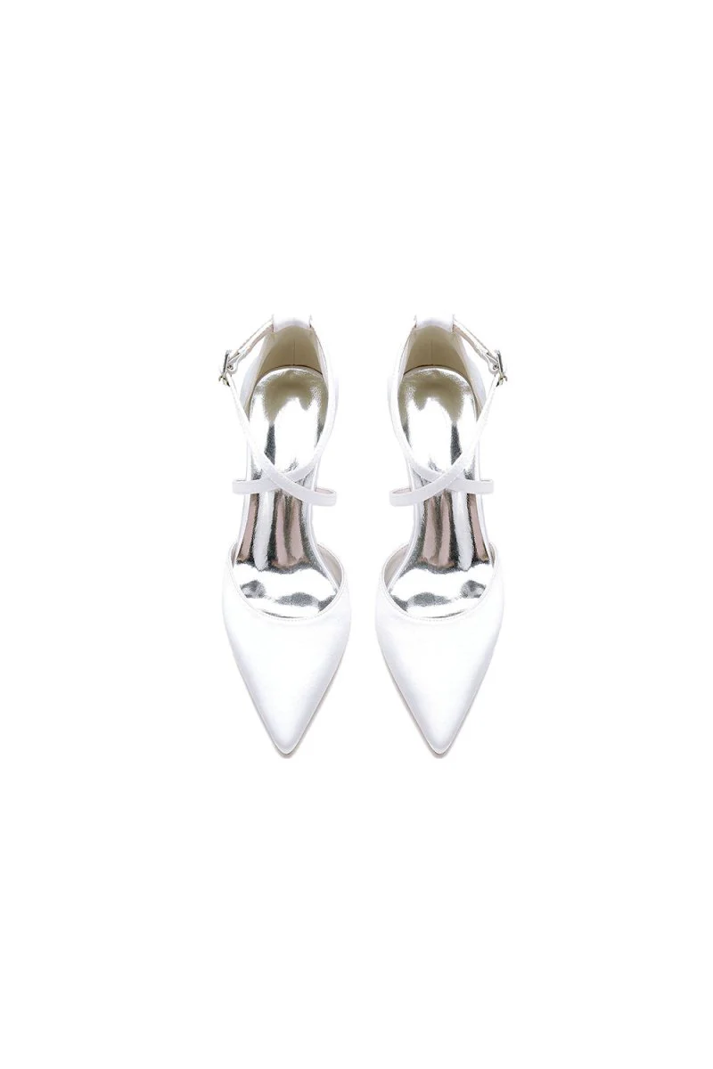 White Satin Pump with Cross-Strap and Metal Accent