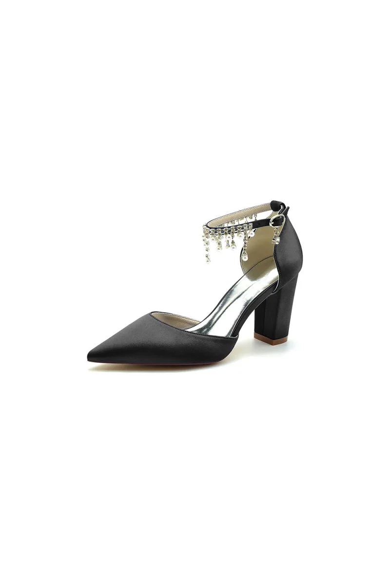 Pearl Beaded Pointed Toe Ankle Strap Chunky Heel