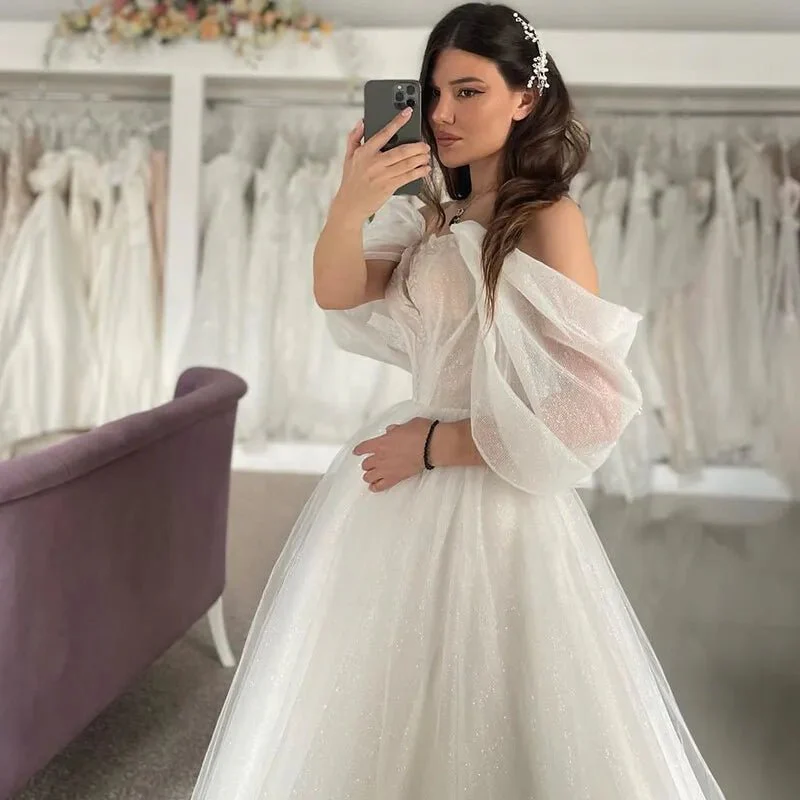 A-Line Off-Shoulder Appliques Glitter Sheer Tulle Wedding Dress