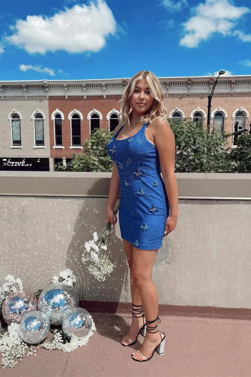 Eartha | Royal Blue Satin Sleeveless Homecoming Dress With Beads